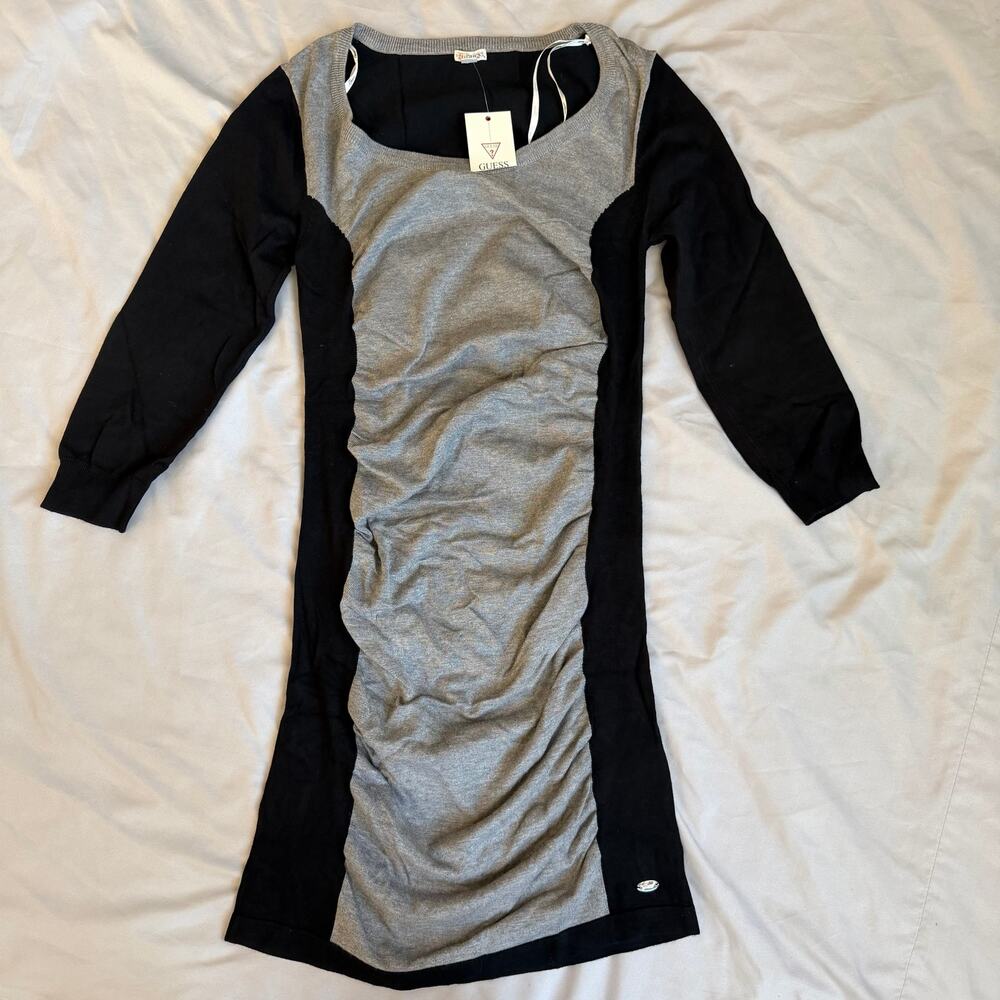 Guess Ruched Bodycon Colorblock Black Gray Long Sleeve Sweater Dress NWT Large - Picture 2 of 9